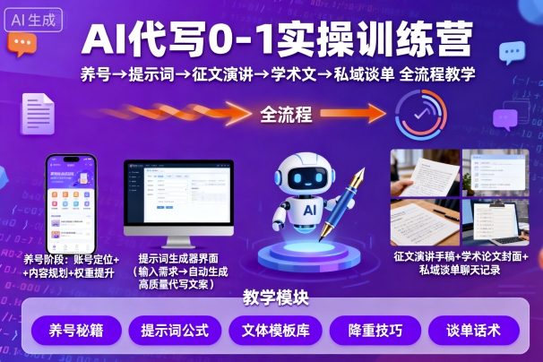 AI代写0-1实操训练营，从养号、提示词、征文演讲、学术文，到私域谈单的全流程教学|无忧资源社