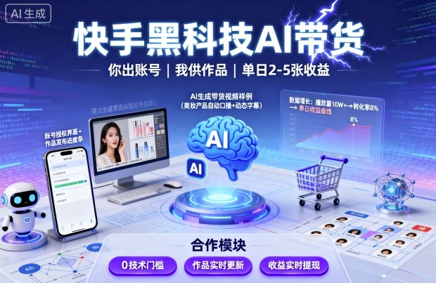 快手黑科技AI带货，你提供账号，我提供作品并发布，单日2-5张【揭秘】|无忧资源社