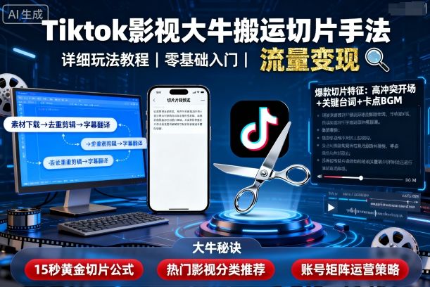Tiktok影视大牛搬运切片手法，详细玩法教程|无忧资源社