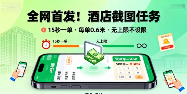 全网首发！酒店截图任务，15秒一单，每单0.6米，任务无上限不设限，矩阵操作单日3张到手【揭秘】|无忧资源社