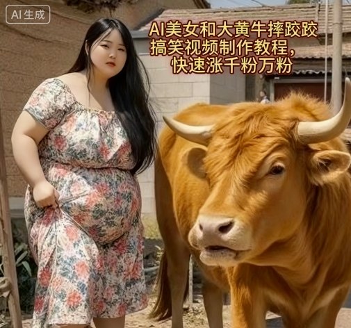 AI美女和大黄牛摔跤搞笑荒诞视频制作教程,快速涨千粉万粉|无忧资源社