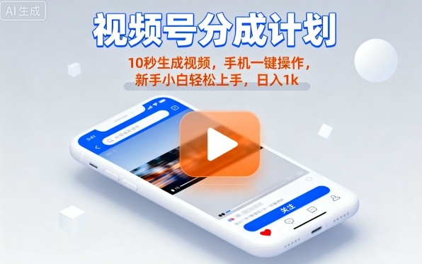 视频号分成计划懒人玩法，10秒生成视频，手机一键操作，新手小白轻松上手，日入1K【揭秘】|无忧资源社