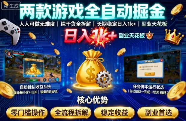 两款游戏全自动掘金，人人可做无难度，纯干货全拆解，长期稳定，日入1k+，副业天花板【揭秘】|无忧资源社