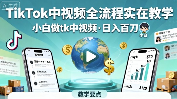 TikTok中视频全流程实操教学，小白做tk中视频，日入百刀|无忧资源社