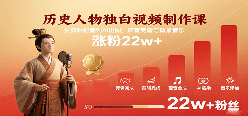 历史人物独白视频制作课,从剪辑配音到AI出图,声音克隆与背景音乐,涨粉22w+|无忧资源社
