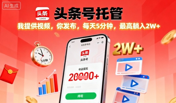【头条号托管】我提供视频，你发布，每天5分钟，最高躺入2W+【揭秘】|无忧资源社