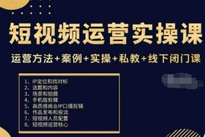 短视频运营实操课，运营方法+案例+实操+私教+线下闭门课|无忧资源社