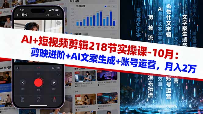 （16353期）AI+短视频剪辑218节实操课-10月：剪映进阶+AI文案生成+账号运营，月入2万|无忧资源社