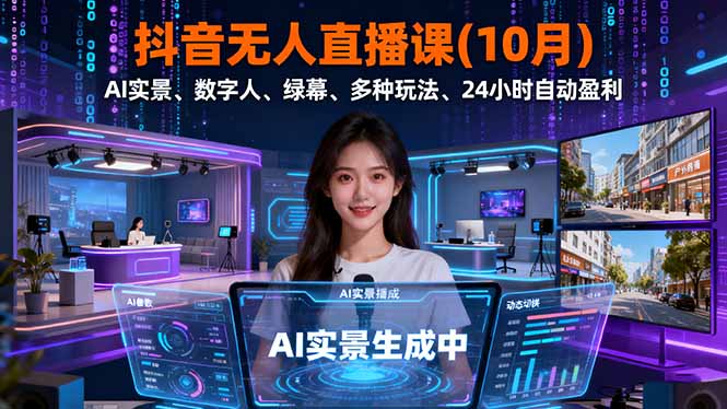 （16355期）抖音无人直播课(10月)，AI实景、数字人、绿幕、多种玩法、24小时自动盈利|无忧资源社