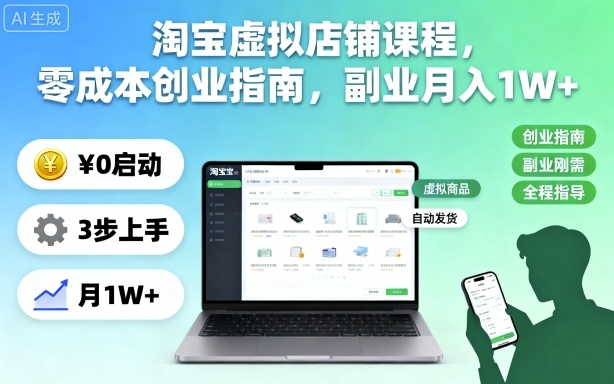 淘宝虚拟店铺课程，零成本创业指南，副业月入1W+|无忧资源社