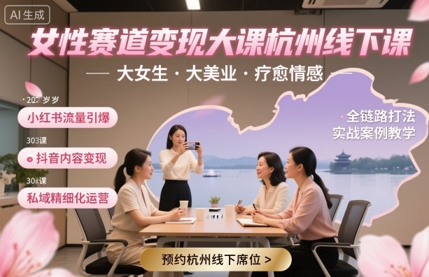 女性赛道变现大课杭州线下，大女生，大美业，疗愈情感，一套小红书、抖音、私域全链路打法|无忧资源社