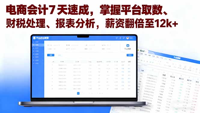 （16192期）电商会计7天速成，掌握平台取数、财税处理、报表分析，薪资翻倍至12k+|无忧资源社