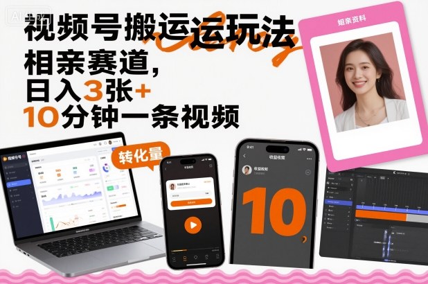 视频号搬运玩法，相亲赛道，日入3张+，10分钟一条视频|无忧资源社
