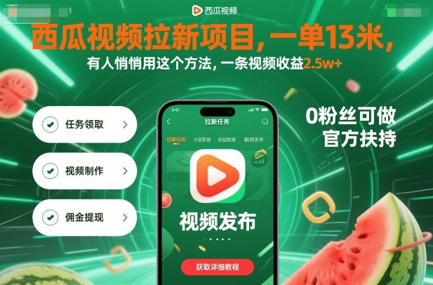 西瓜视频拉新项目，一单13米，有人悄悄用这个方法，一条视频收益2.5w+（附详细教程）|无忧资源社