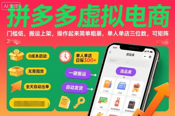 拼多多虚拟电商，门槛低，搬运上架，操作起来简单粗暴，单人单店三位数，可矩阵|无忧资源社