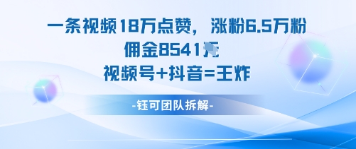 一条视频18W点赞，涨粉6.5W粉佣金8541米，视频号+抖音=王炸|无忧资源社