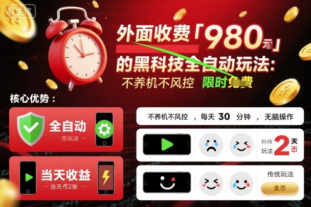 外面收费980的黑科技全自动玩法,不养机不风控,每天30分钟,无脑操作,当天收益2张【揭秘】|无忧资源社