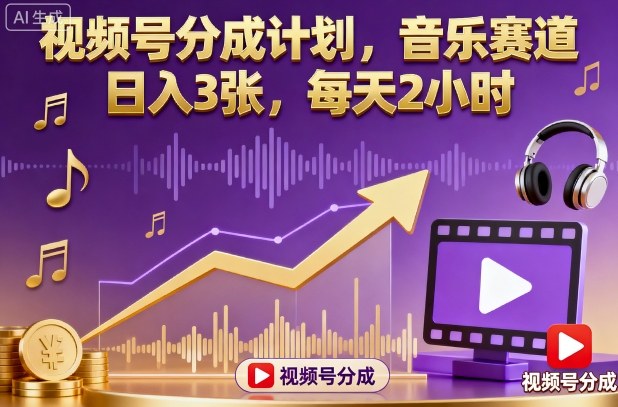 视频号分成计划,音乐赛道,日入3张,每天2小时|无忧资源社