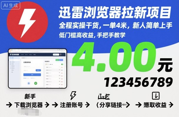 迅雷浏览器拉新项目，全程实操干货，一单4米，新人简单上手|无忧资源社