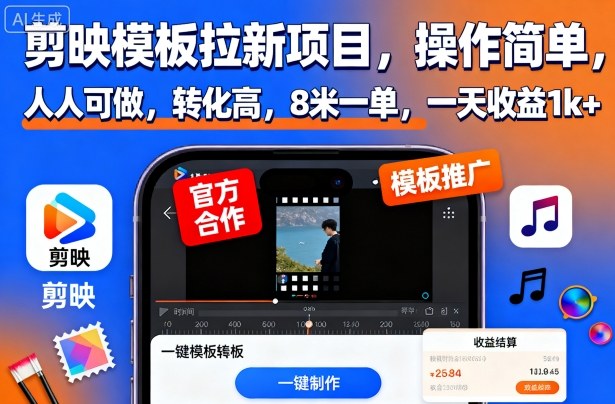 剪映模板拉新项目，操作简单，人人可做，转化高，8米一单，一天收益1k+|无忧资源社