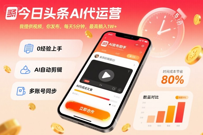 今日头条AI代运营，我提供视频，你发布，每天5分钟，最高躺入1W+【揭秘】|无忧资源社