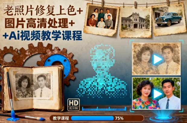 老照片修复上色+图片高清处理+Ai视频教学课程|无忧资源社