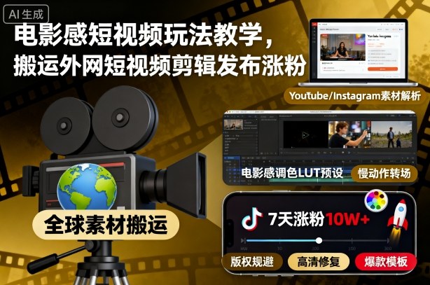电影感短视频玩法教学,搬运外网短视频剪辑发布涨粉|无忧资源社