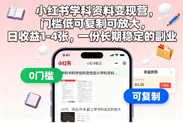 小红书学科资料变现营，门槛低可复制可放大，日收益1-4张，一份长期稳定的副业|无忧资源社