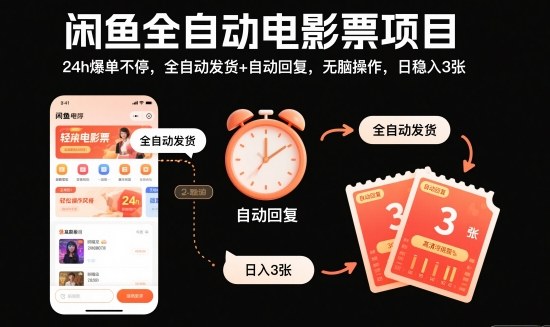 闲鱼全自动电影票项目,24h爆单不停,全自动发货+自动回复,无脑操作,日稳入3张【揭秘】|无忧资源社