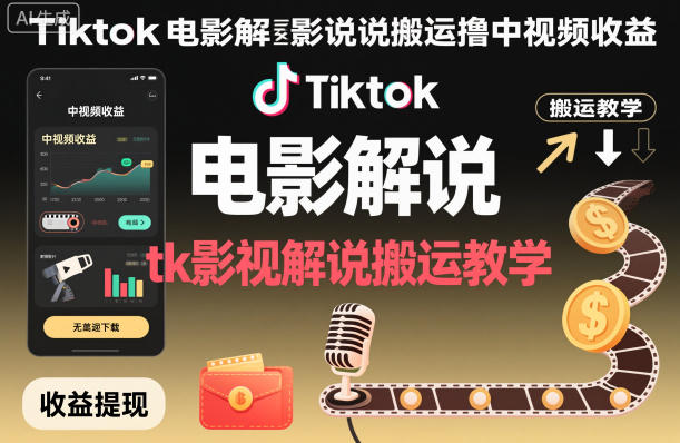 Tiktok电影解说搬运撸中视频收益，tk影视解说搬运教学|无忧资源社