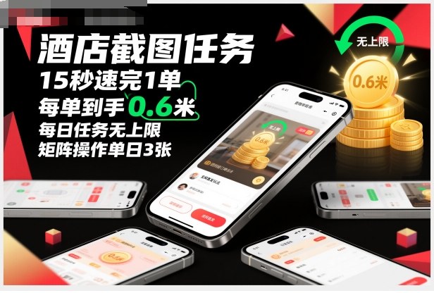 酒店截图任务，15秒速完1单，每单到手0.6米，每日任务无上限，全网首发玩法，矩阵操作单日3张【揭秘】|无忧资源社