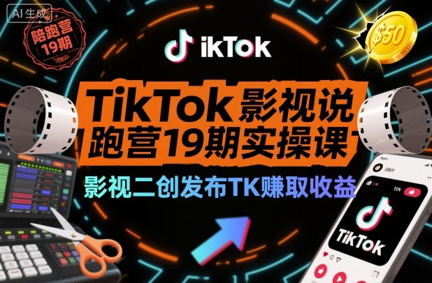TikTok影视解说陪跑营19期实操课，影视二创发布TK賺取收益，万播收益50美金|无忧资源社