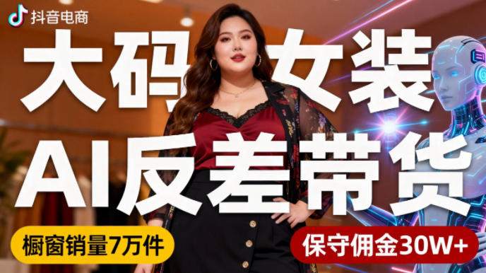 抖音小众赛道，大码女装AI反差带货，不用直播，每天6条作品，橱窗卖7万件，保守佣金30W+|无忧资源社