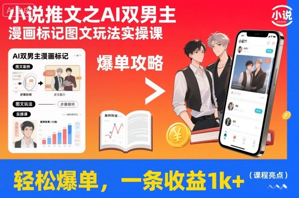 小说推文之AI双男主漫画标记图文玩法实操课，轻松爆单，一条收益1k+|无忧资源社