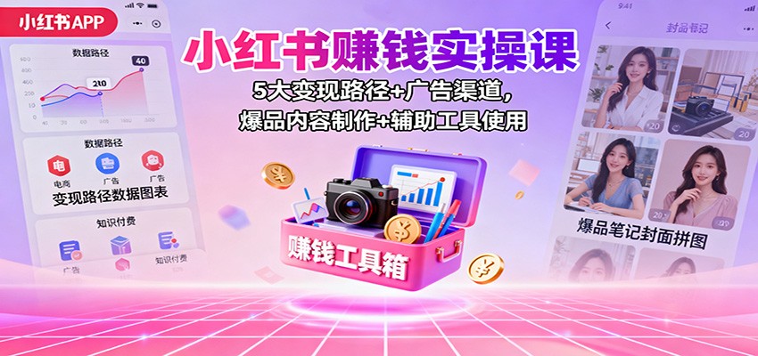 小红书赚钱实操课：5大变现路径+广告渠道，爆品内容制作+辅助工具使用|无忧资源社