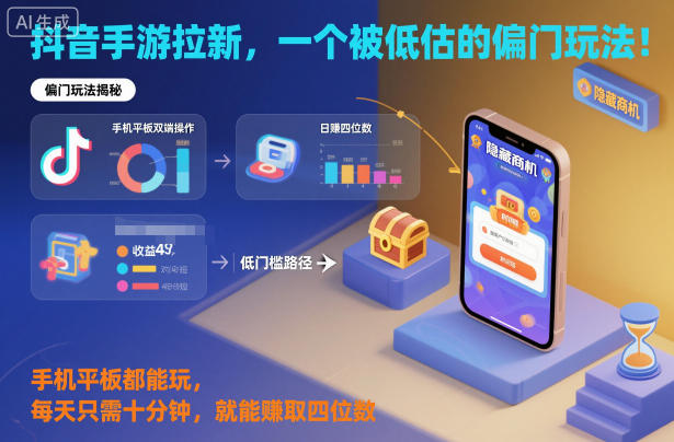 抖音手游拉新，一个被低估的偏门玩法！手机平板都能玩，每天只需十分钟，就能賺取四位数【揭秘】|无忧资源社