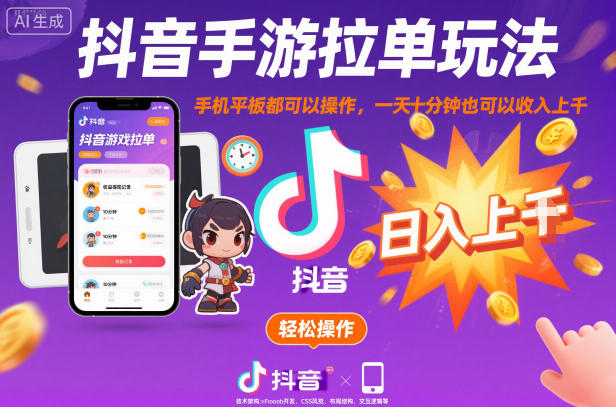 抖音手游拉单玩法，手机平板都可以操作，一天十分钟也可以收入上K【揭秘】|无忧资源社