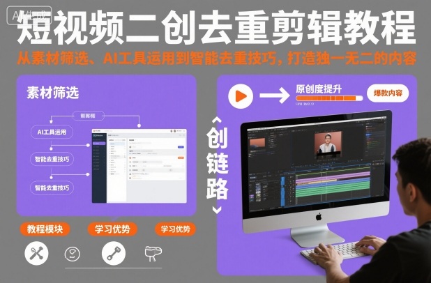 短视频二创去重剪辑教程，从素材筛选、AI工具运用到智能去重技巧，打造独一无二的内容|无忧资源社