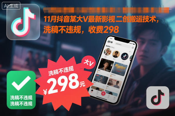 11月抖音某大V最新影视二创搬运技术，洗稿不违规，收费298|无忧资源社