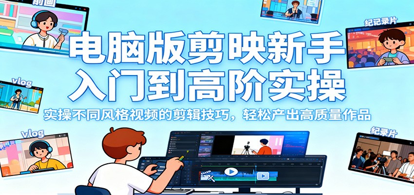 电脑版剪映新手入门到高阶实操，实操不同风格视频的剪辑技巧，轻松产出高质量作品|无忧资源社