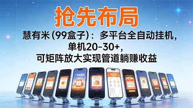 （16757期）【抢先布局】慧有米（99盒子）：多平台全自动挂机，单机20-30+，可矩阵放大实现管道躺赚收益|无忧资源社