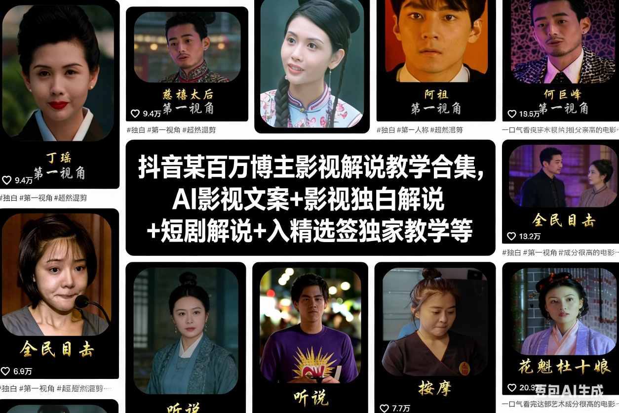 抖音某百万博主影视解说教学合集，AI影视文案+影视独白解说+短剧解说+入精选签独家教学等|无忧资源社