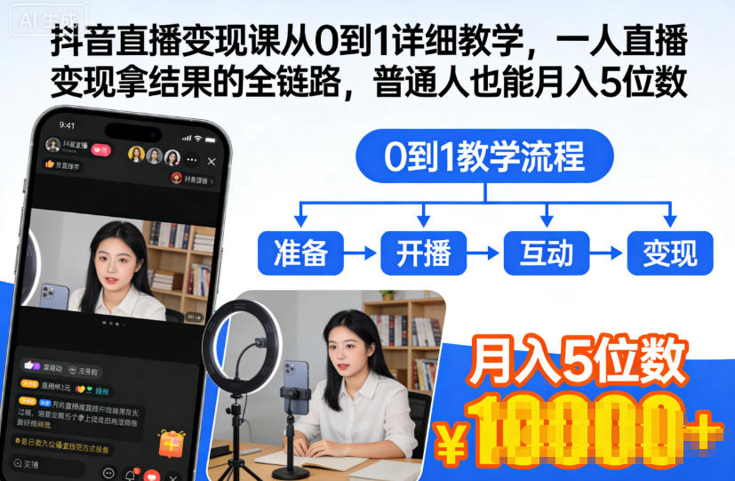 抖音直播变现课从0到1详细教学，一人直播变现拿结果的全链路，普通人也能月入5位数|无忧资源社