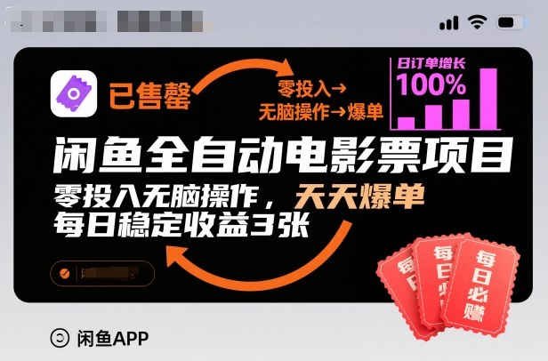 闲鱼全自动电影票项目,零投入无脑操作,天天爆单,每日稳定收益3张【揭秘】|无忧资源社