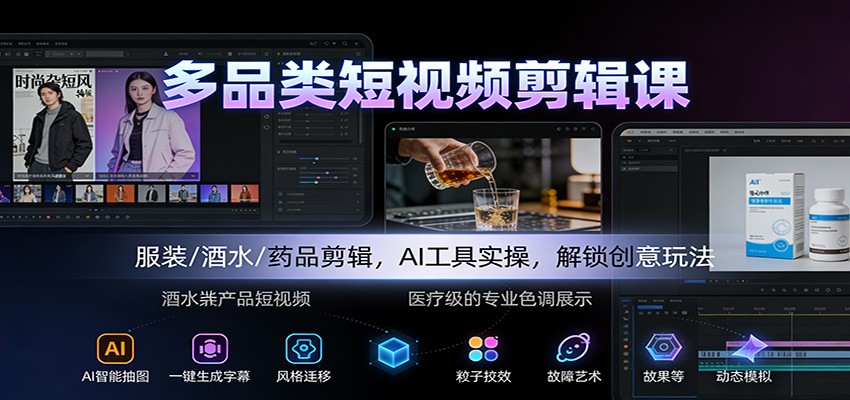 多品类短视频剪辑课:服装/酒水/药品剪辑,AI工具实操,解锁创意玩法|无忧资源社