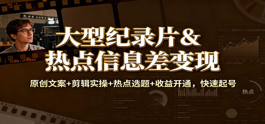 大型纪录片&热点信息差变现：原创文案+剪辑实操+热点选题+收益开通，快速起号|无忧资源社