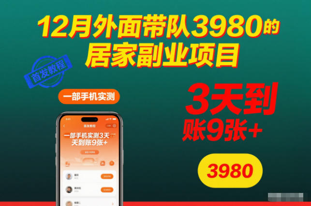 12月外面带队3980的居家副业项目,一部手机实测3天到账9张+,首发教程【揭秘】|无忧资源社