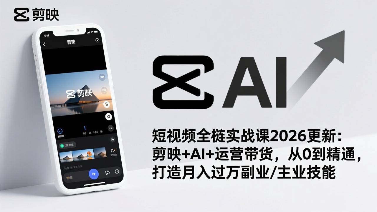 （17231期）短视频全栈实战课2026更新：剪映+AI+运营带货，从0到精通，打造月入过万副业/主业技能|无忧资源社