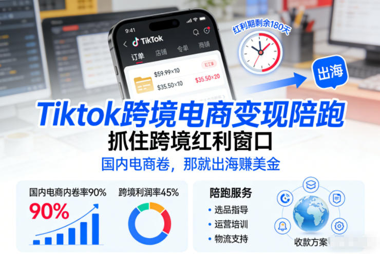 Tiktok跨境电商变现陪跑，抓住跨境红利窗口，国内电商卷，那就出海賺美金|无忧资源社
