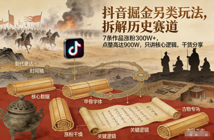 抖音掘金另类玩法，拆解历史赛道，7条作品涨粉300W+，点赞量高达900W，只讲核心逻辑，干货分享|无忧资源社